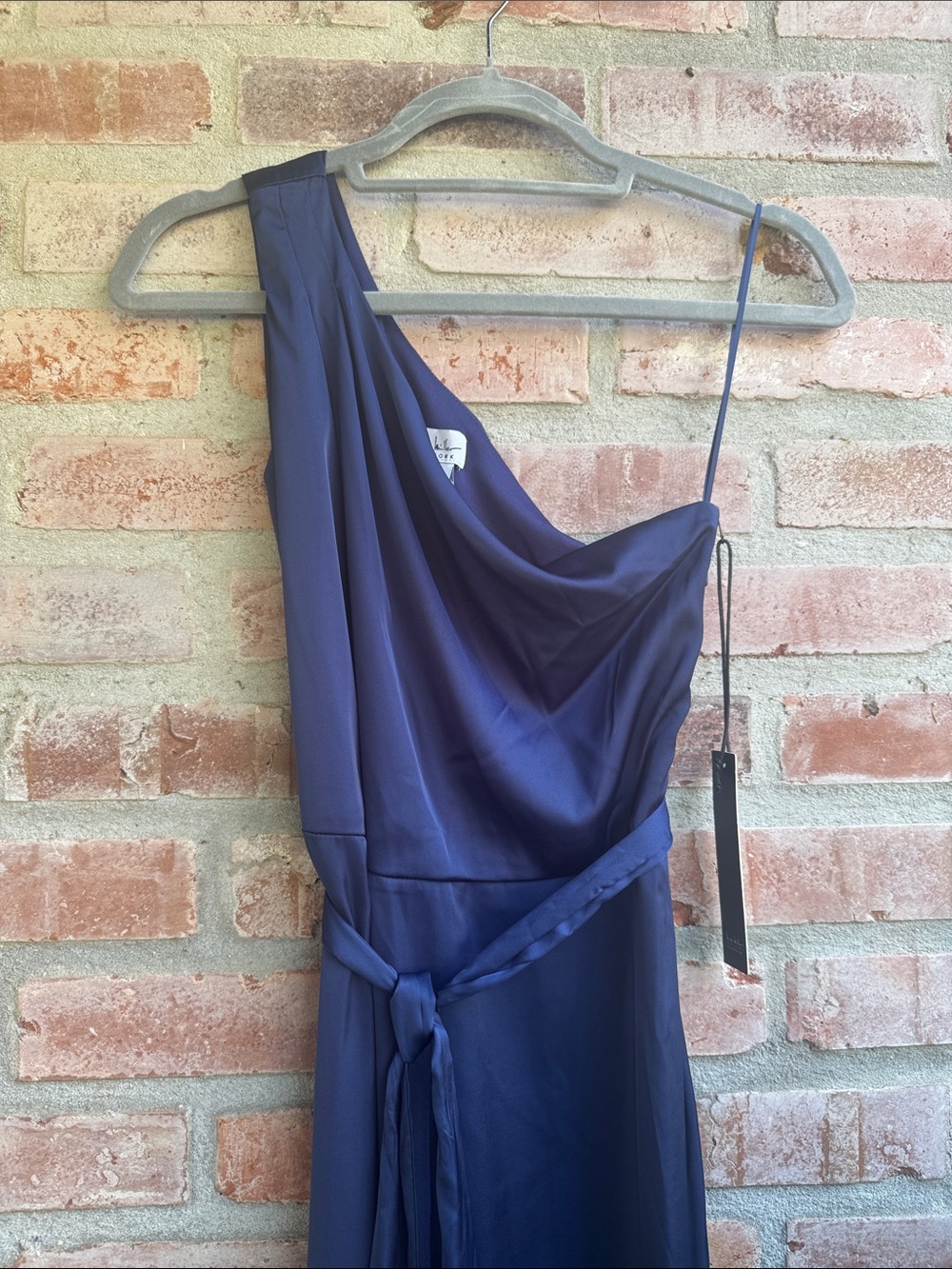 One-Shoulder Navy Blue Evening Dress with Waist Tie